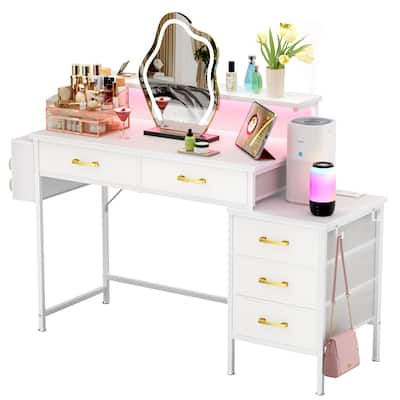 Multi - Use White Desk: 5 Drawers, Monitor Hutch, Outlets, LED Lighting – Fits Home Office, Study & Hobby Areas