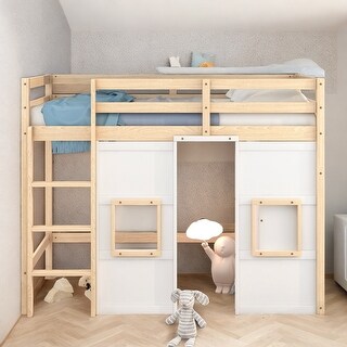 Twin Size Solid Pine Loft Bed with Built-in Storage Wardrobe, 2-Windows, Safety Guaranteed, No Box Spring Needed, Grey