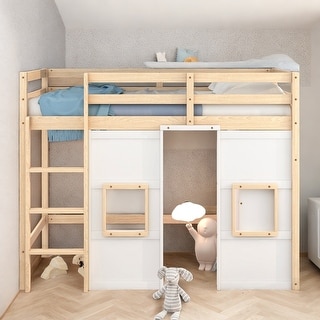 Twin Size Solid Pine Loft Bed with Built-in Storage Wardrobe, 2-Windows, Safety Guaranteed, No Box Spring Needed, Natural/White