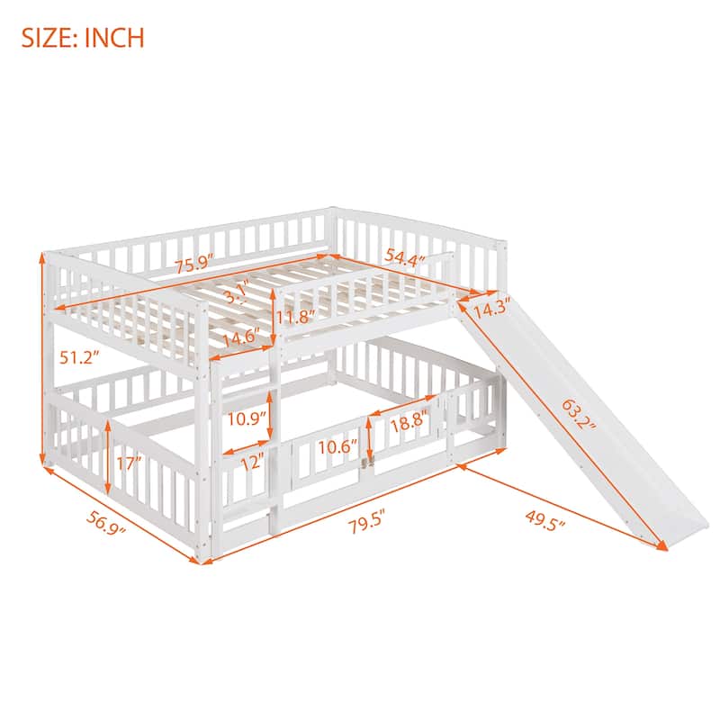 Solid Wood Low Bunk Bed with Slide,Fence and Ladder