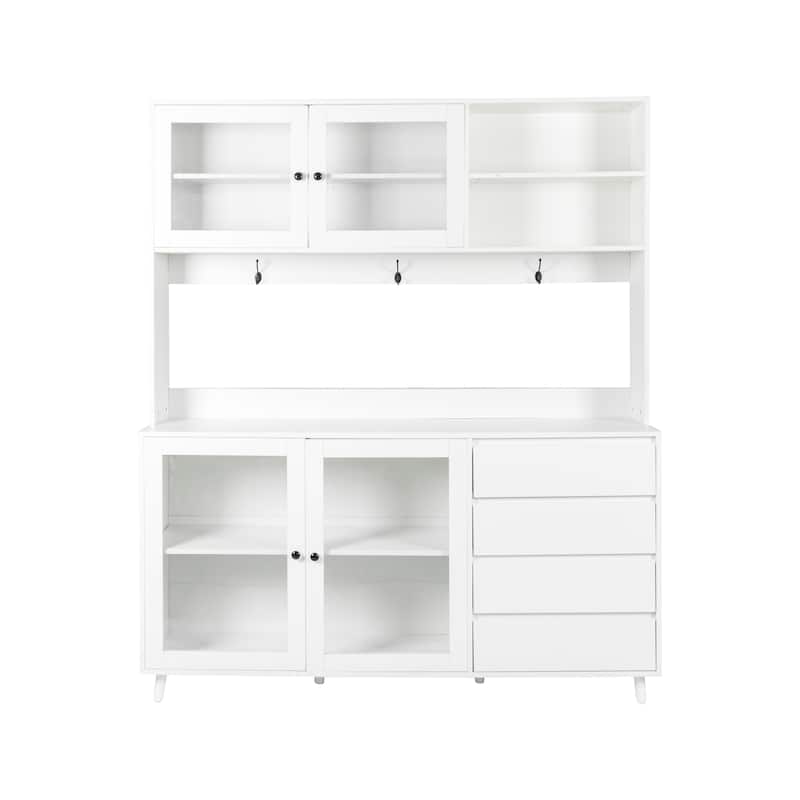 Kitchen Hutch Cabinet with Drawers and Glass Doors, Pantry Cabinets with Shelves, Storage Buffet with Microwave Shelf