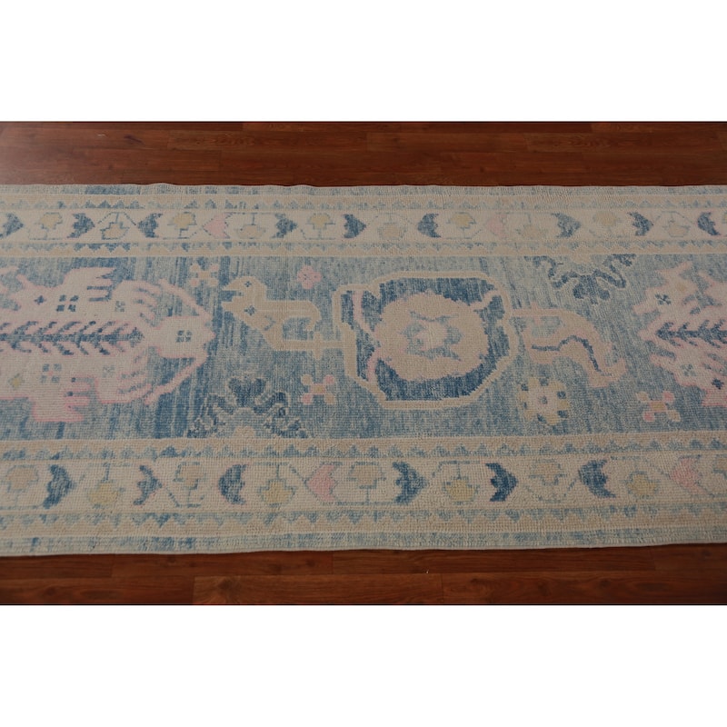 Hand Knotted Oriental 100% Wool Carpet Transitional Geometric Navy Blue & Blues Oushak Runner Rug - 12' 2'' X 3' 3''