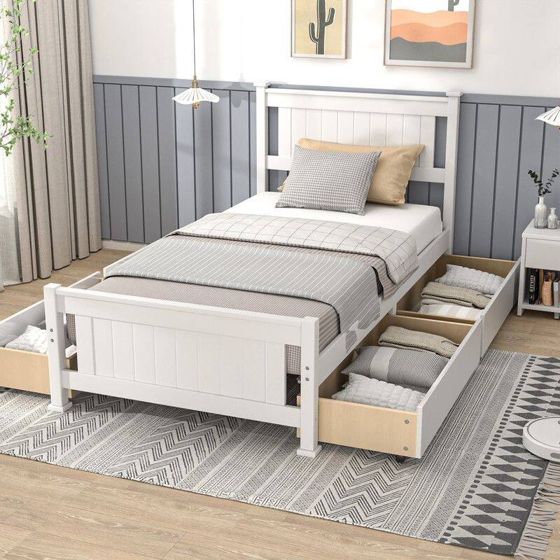 Wood Twin Size Bed Frame with 4 Storage Drawers, Solid Wood Platform Bed with Headboard