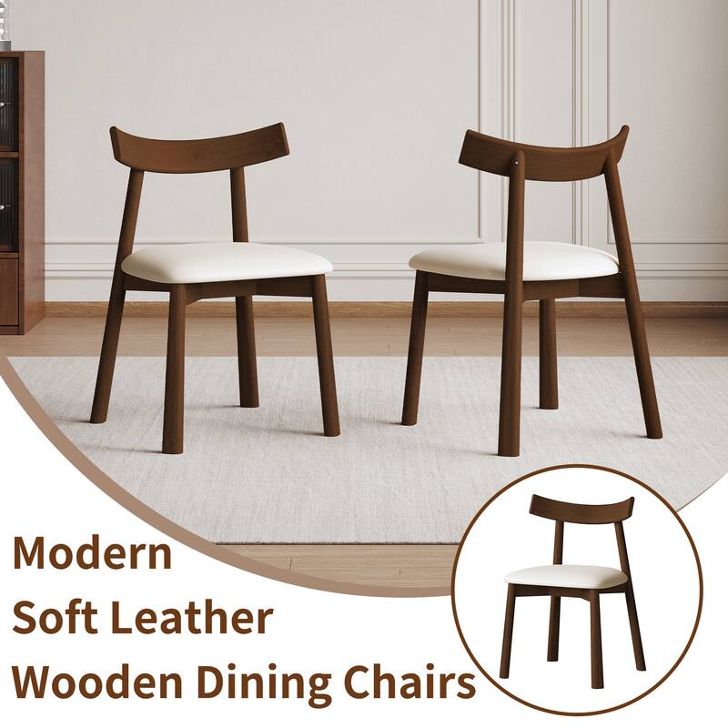 Minimalist Upholstered Dining Chair Set of 2 Wooden Dining Room Chairs Accent Chair with Faux Leather Seat and Open Backrest