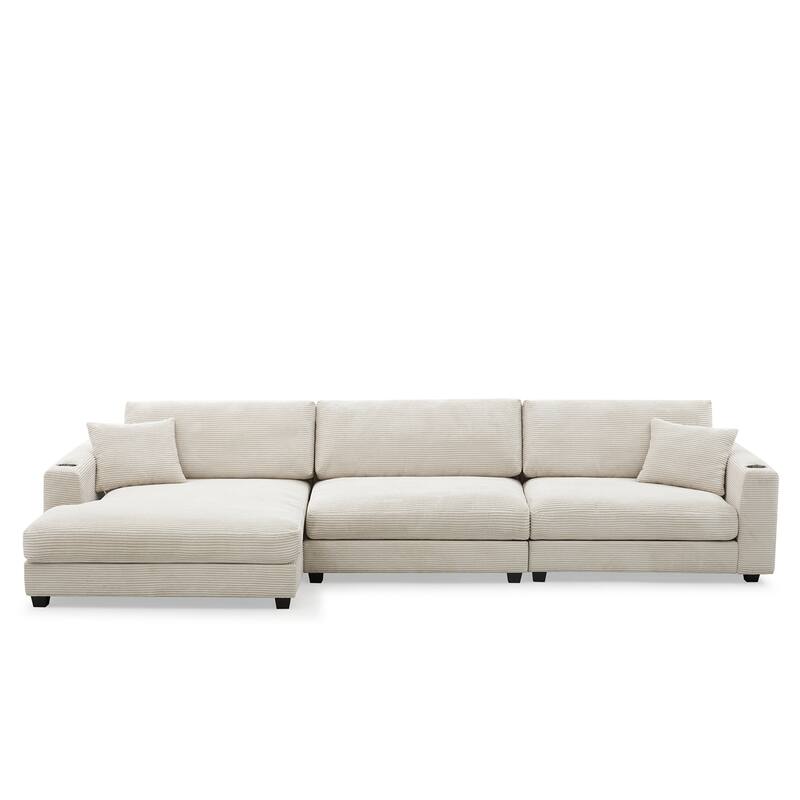 134" Corduroy Sectional Sofa with L-Shaped Cloud Couch and USB Charging & 50" Chaise (330lb Capacity)