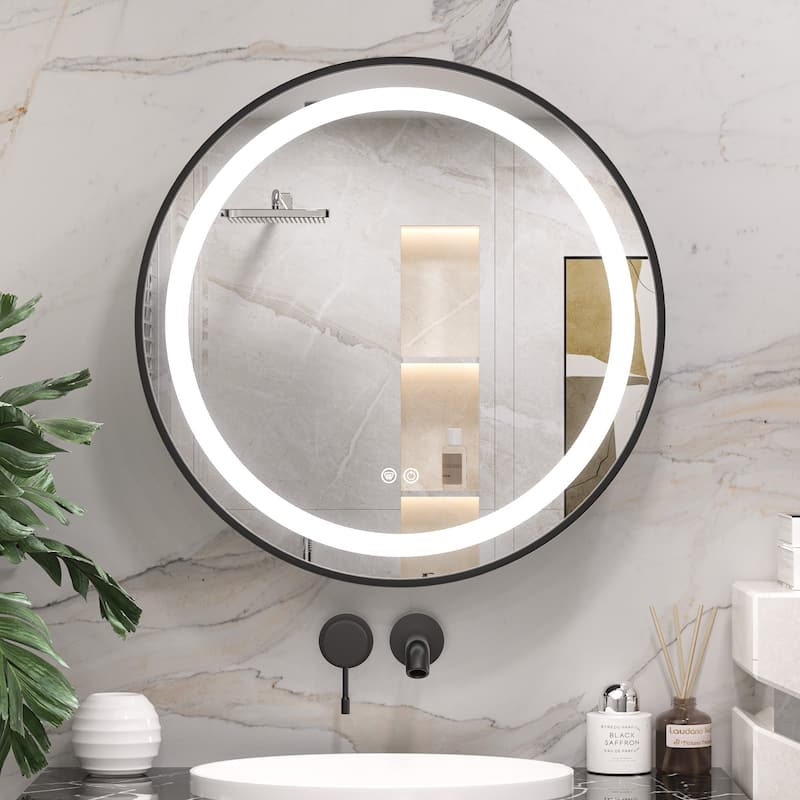 Keonjinn LED Metal Framed Round Medicine Cabinet with Mirror for Vanity, 3 Color Temperatures - 24''x24''