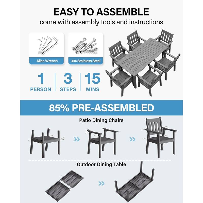 WINSOON 7-Piece HIPS All Weather Outdoor Patio Dining Sets with Umbrella Hole& Aluminum Frame,1-Table 6-Chairs