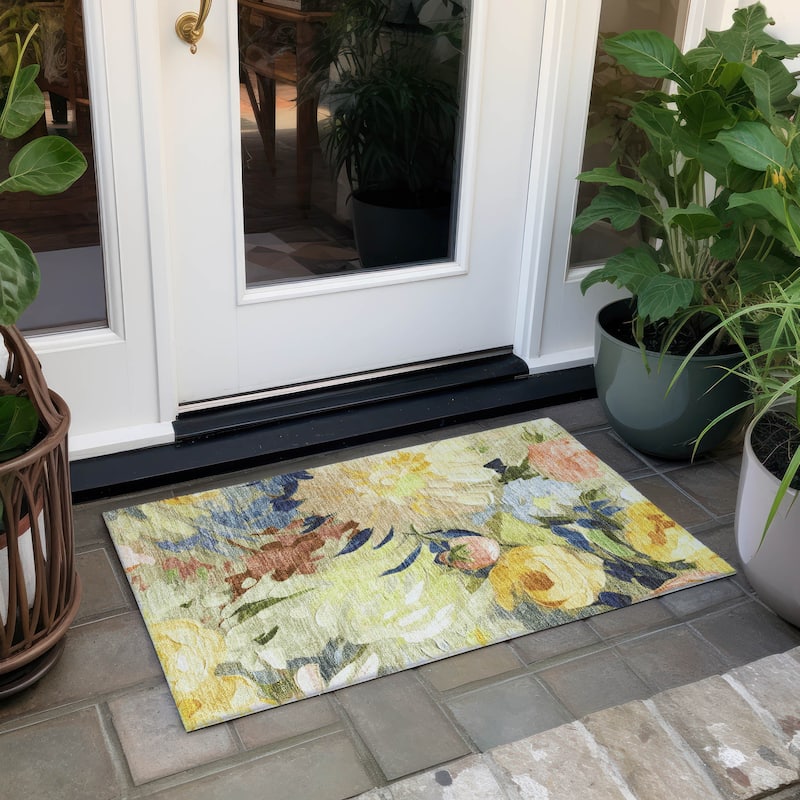 Machine Washable Indoor/ Outdoor Watercolor Floral Chantille Rug - Aloe - 1'8" x 2'6"