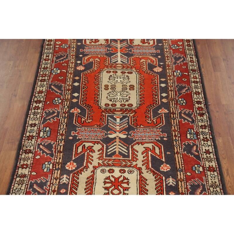 Hand Knotted Oriental 100% Wool Carpet Traditional Geometric Navy Blue & Blues Meshkin Runner Rug - 10' 6'' X 3' 10''