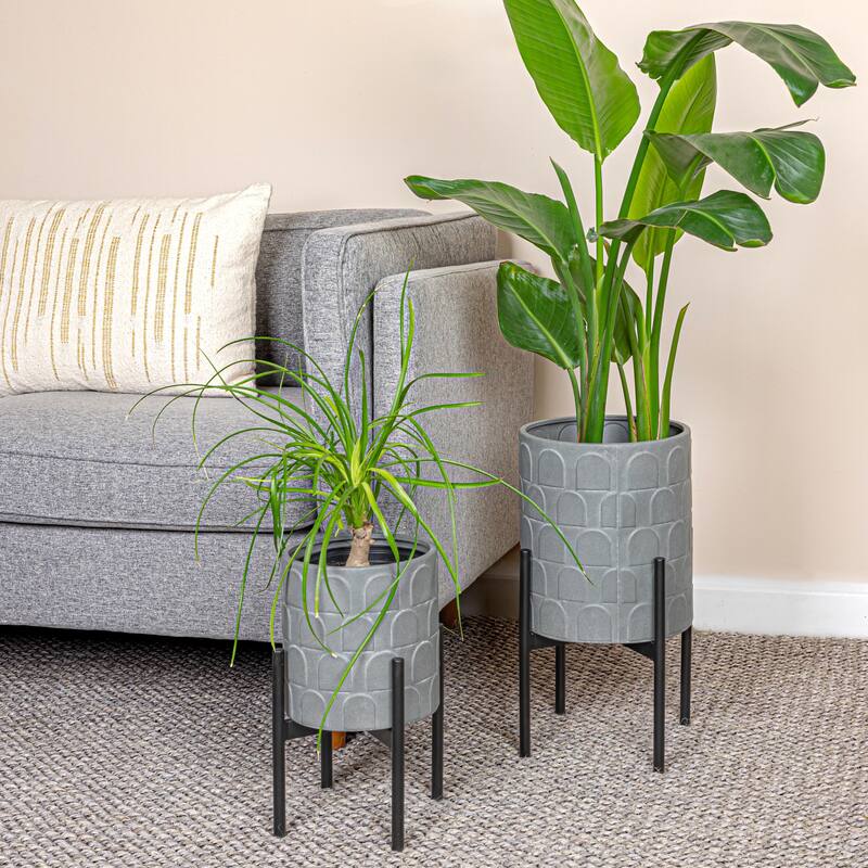 Metal Planter on Stand, Set of 2 - 10.2"L x 10.2"W x 18.7"H - Grey - 10.2"L x 10.2"W x 18.7"H