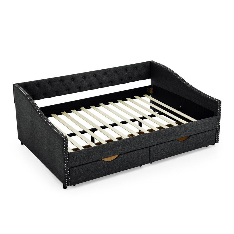 Tufted Button Daybed with 2 Storage Drawers/Upholstered Sofa Bed Frame w/Copper Nail on Waved Shape Armrests/No Spring Box Need