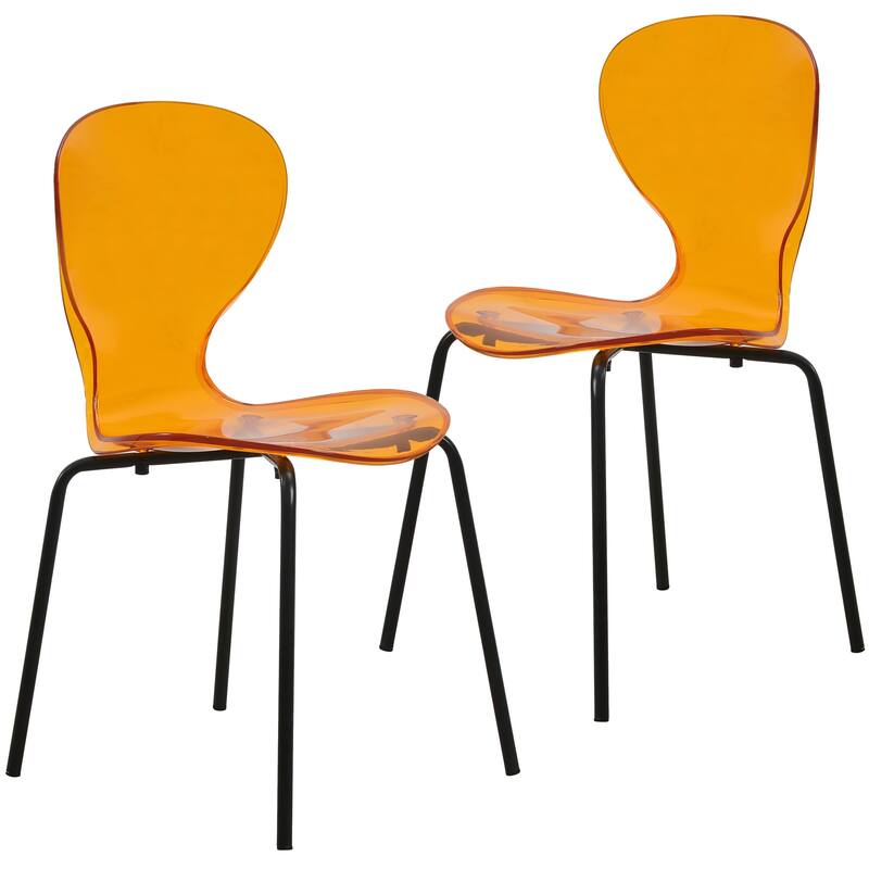 Stackable Plastic Dining Chair Transparent Set of 2 Modern Accent Side Chair for Indoor and Outdoor - Transparent Orange