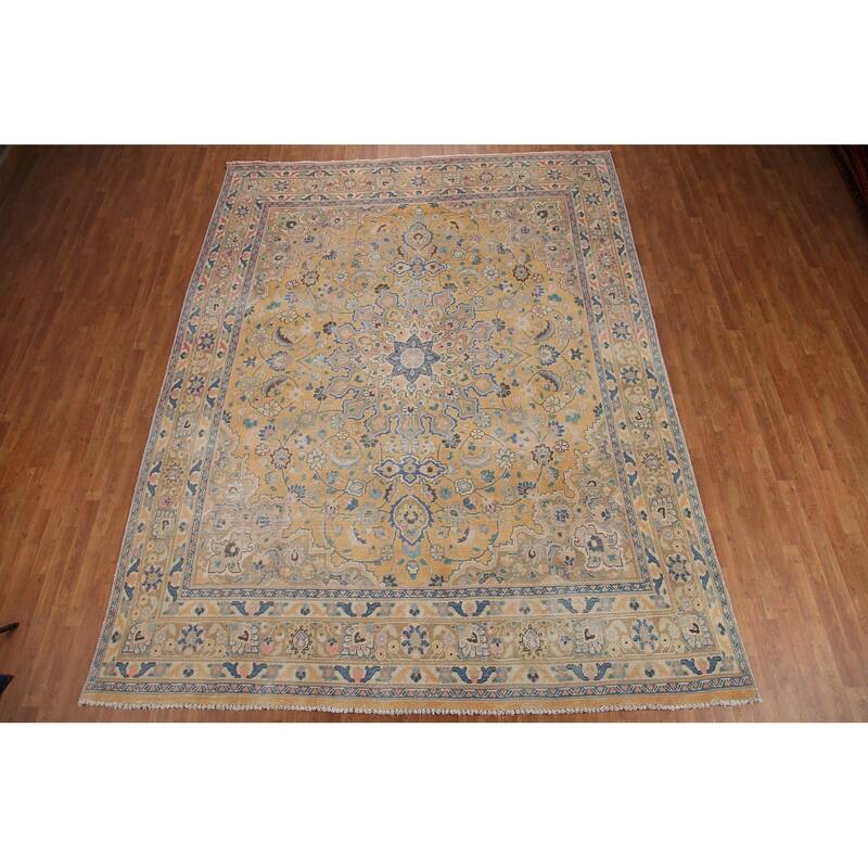 Hand Knotted Oriental 100% Wool Carpet Traditional Floral Yellow & Gold Mashad Area Rug - 12' 4'' X 9' 7''