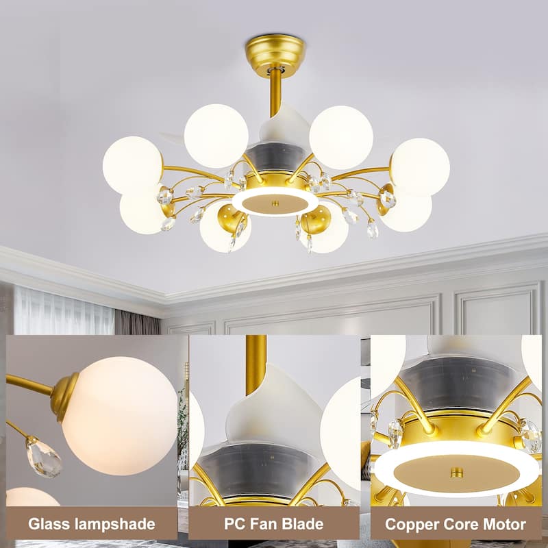 31in. Indoor Gold Modern Ceiling Fan with Light, Reversible Fandelier with Light Bulbs and Remote for Living Room