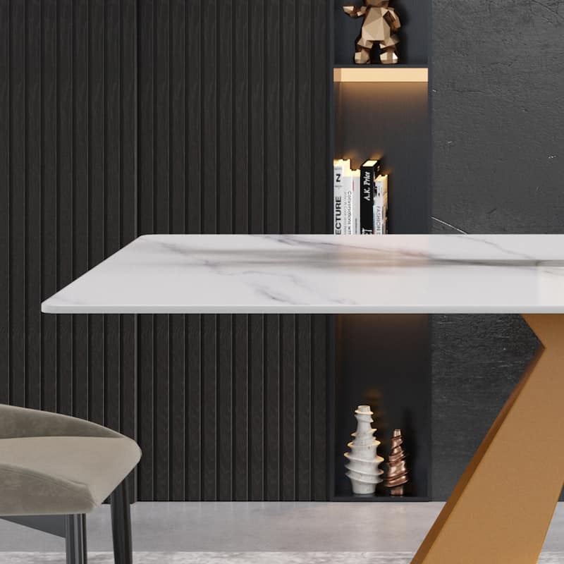 63"Modern artificial stone white straight edge metal leg dining table -6 people
