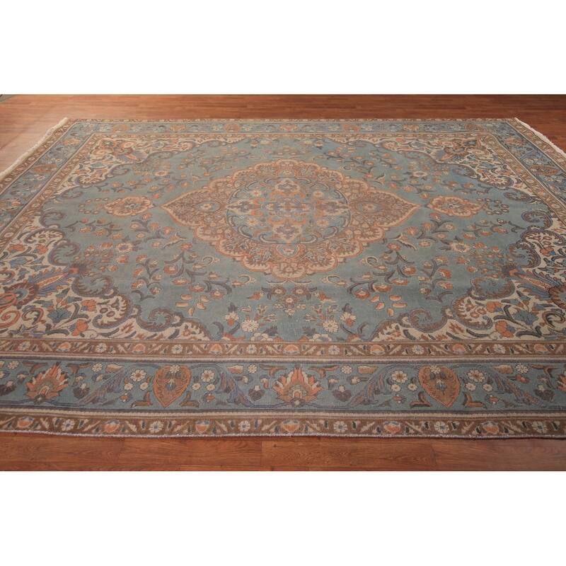 Blue Tabriz Persian Vintage Area Rug Hand-Knotted Wool Carpet - 9'6" x 12'10"