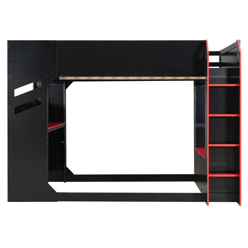Full Size Loft Bed for Esports, Work with Built-in Adjustable Desk, Hidden Storage Headboard, RGB Light Strips and Hanging Rod