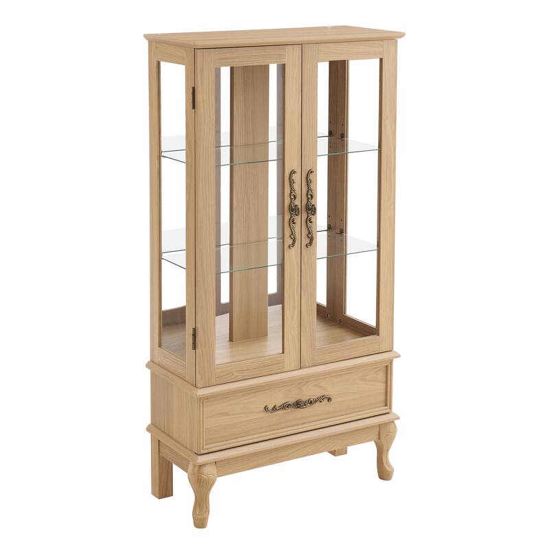 Vintage Display Cabinet with 2 Doors, Adjustable Glass Shelves and 1 Drawer