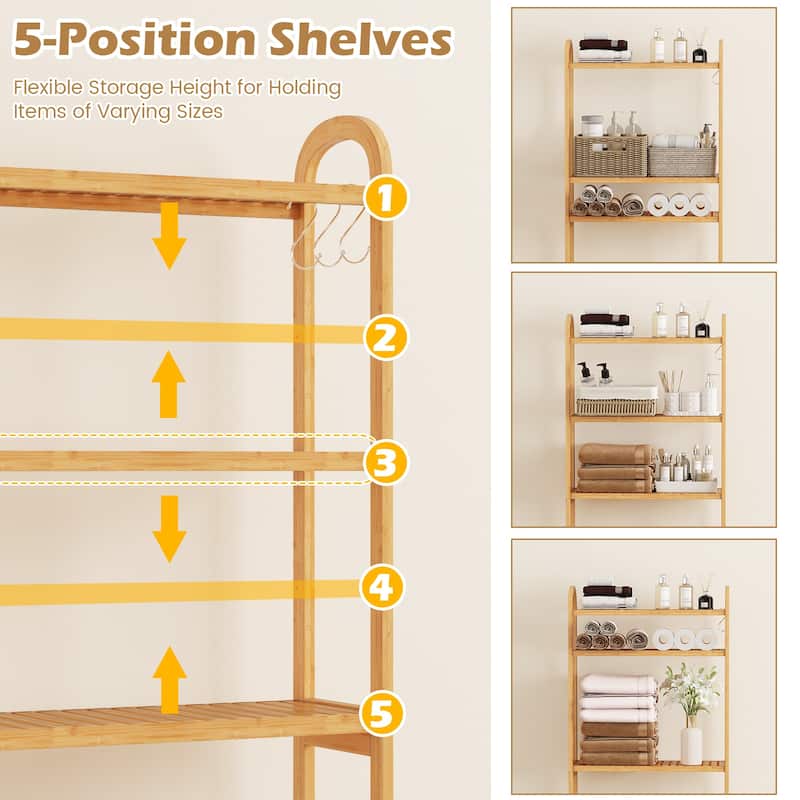 3-Tier Bamboo Bathroom Floor Organizer with 5-Position Shelves and 3 Hooks-Natural - Multi