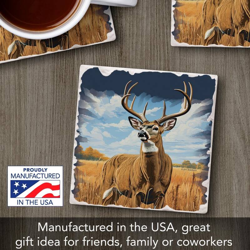 Big Deer Buck 4 Pack Tumbled Tile Stone Coaster with Protective Cork Backing Manufactured in The USA 4" Square