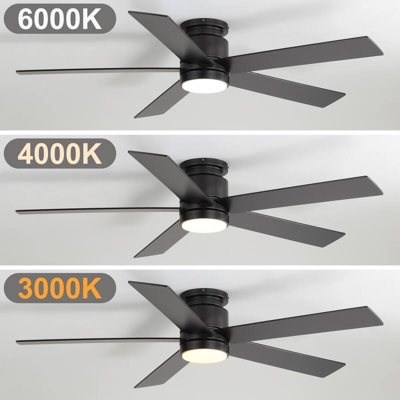 52-inch Black Flush Mount Ceiling Fan with LED Light and Remote
