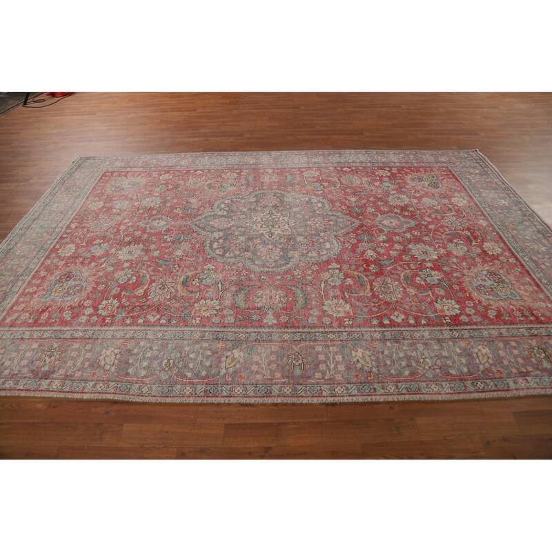 Tabriz Persian Vintage Rug Hand-Knotted Pink Traditional Wool Carpet - 6'9" x 10'3"