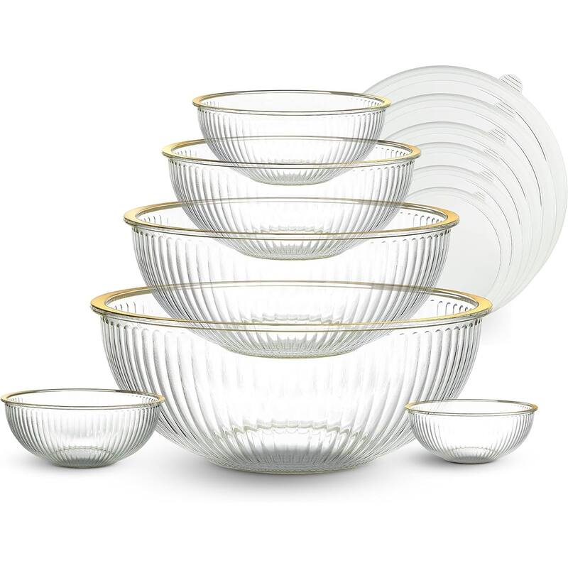 COOK WITH COLOR 12 Pc Glass Nesting Mixing Bowl Set with Lids for Cooking and Prep - Fluted with Gold Rim