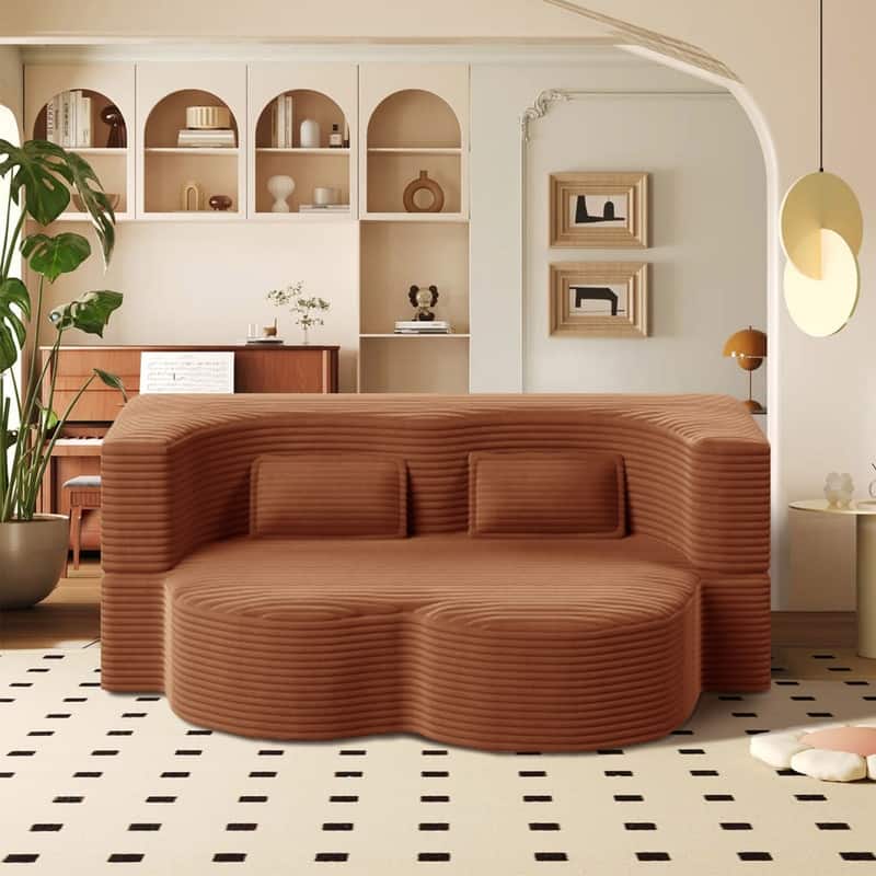 Modern 78" Full Size Convertible Corduroy Foam-Filled Sleeper Sofa,Modern Floor Sofa with 2 Pillows