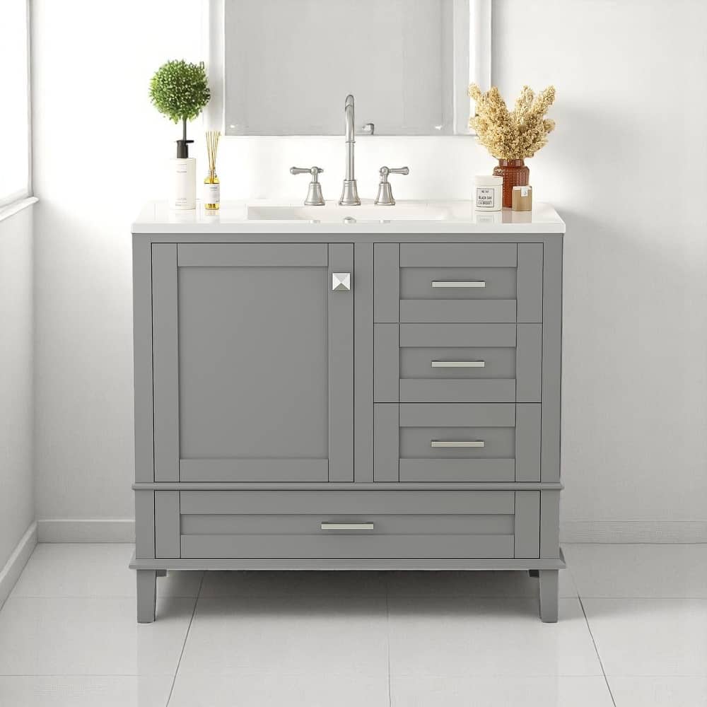 36" Bathroom Vanity with Ceramic Sink, Solid Pine Frame, Soft-Close Door & 3 Drawers - Modern Freestanding Cabinet