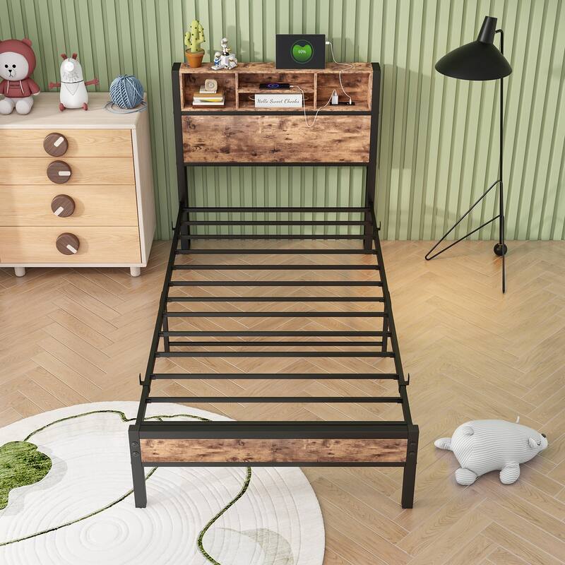 LED Twin Bed Frames Metal Platform Bed with Charging Station and Bookcase Storage