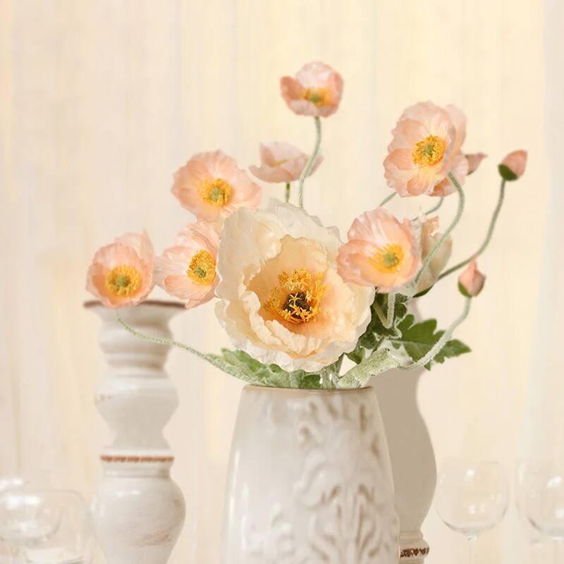 Medium Coral Pink Silk Decorative Artificial Common Poppy(Pack of 1 Branch)