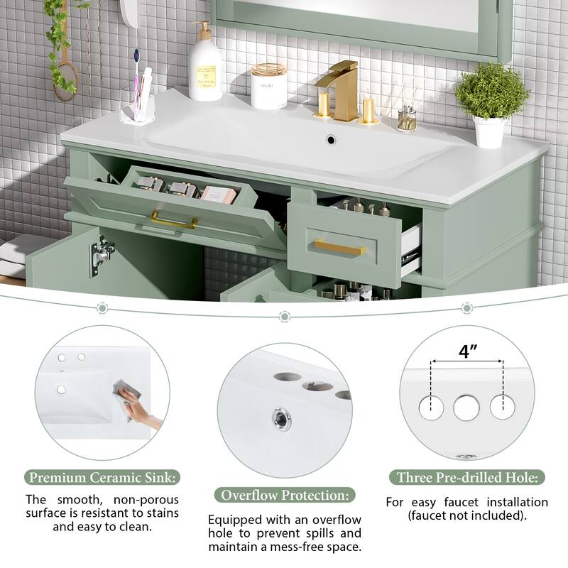 36" Modern Bathroom Vanity with Ceramic Sink, 4 Drawers, 2 Doors, Soft Close, Solid Wood Frame, Freestanding Design
