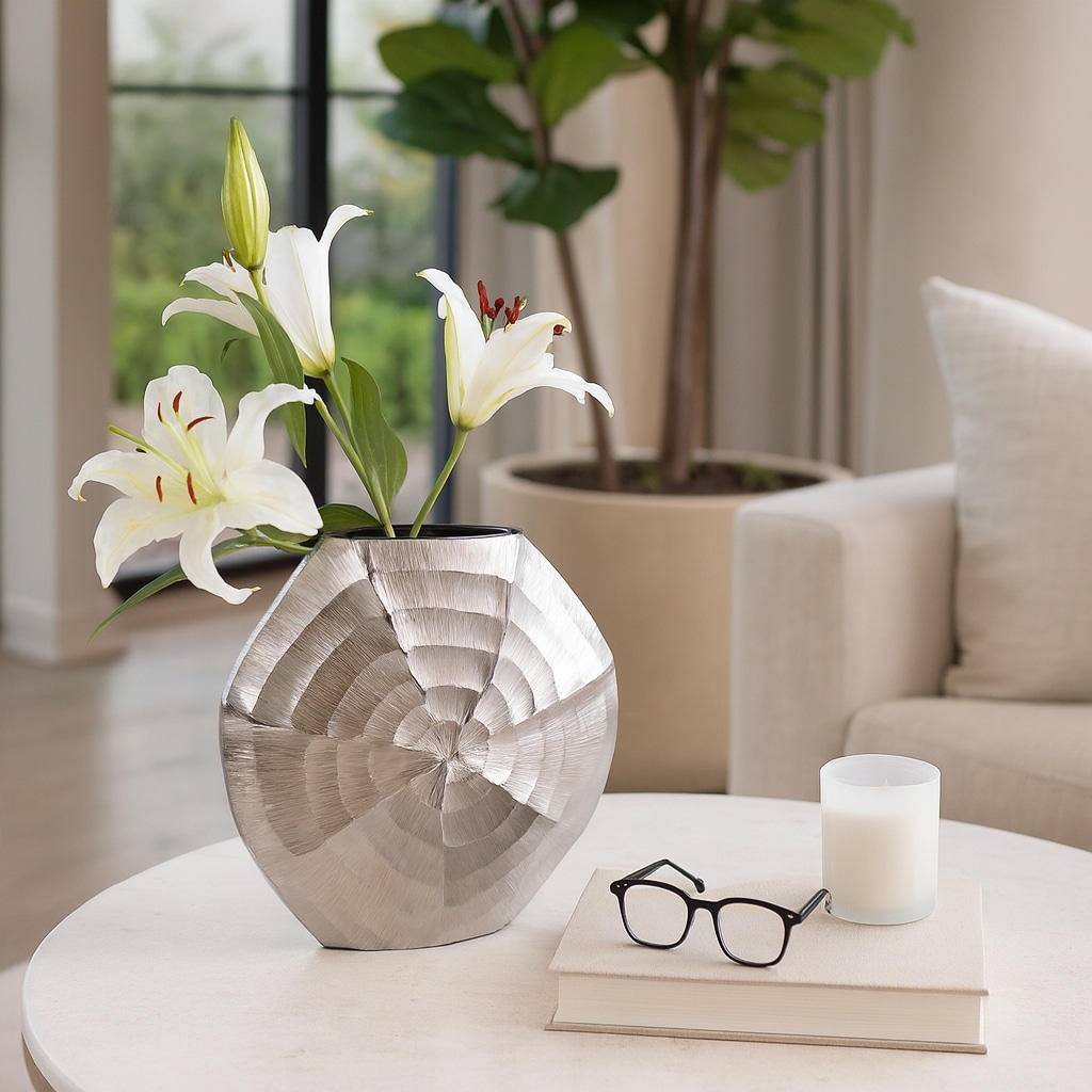 Decorative Vase - Silver Metal Round Shell Pattern, 14 in.