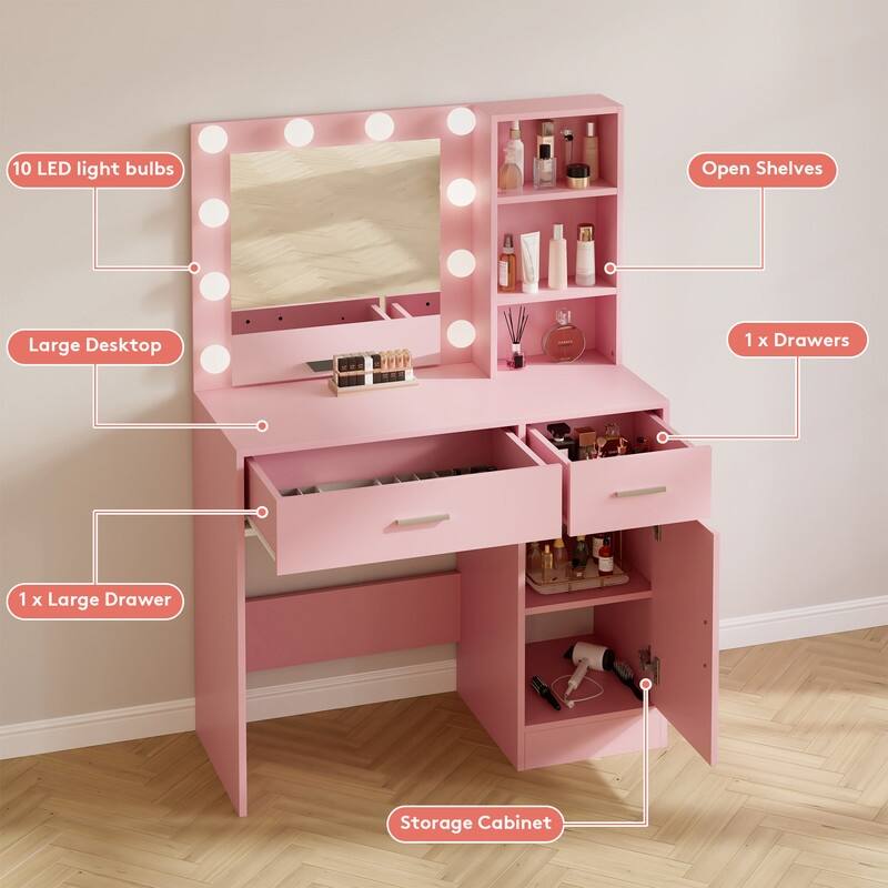 Lighted Bathroom Vanity with Mirror, MDF Cabinet, Smooth Drawers, Space-Saving Design