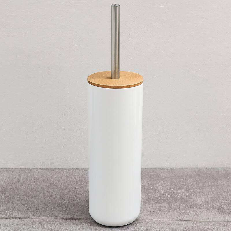 White Toilet Brush and Holder Set Padang with Bamboo Top - 3.8"L x 3.8"W x 14.12"H