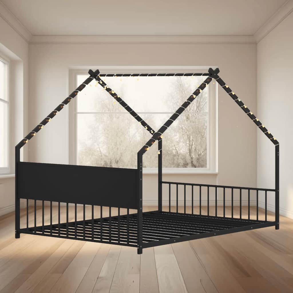 Full Size House Bed with Roof and Colorful LED Lights, Sturdy Iron Frame, No Box Spring Needed, Ideal for Kids, Boys and Girls