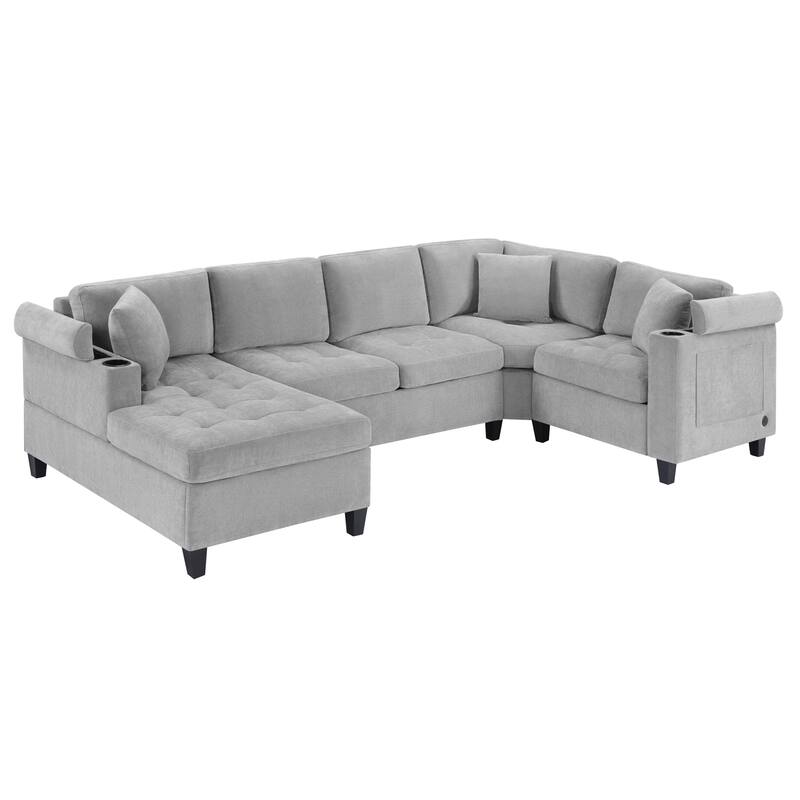 U-Shaped Sectional Sofa 115.7" with Cup Holders, Storage & USB Ports - Modern Oversized Corner Couch for Living Room - Grey