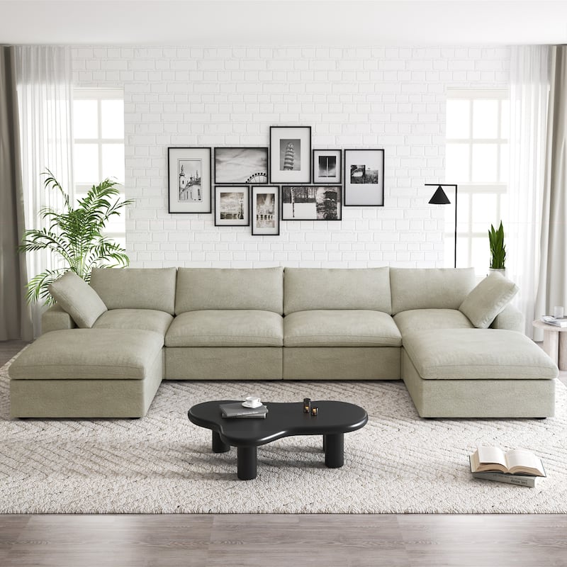 160'' Widen Sectional Sofa Down Filled U-Shaped Couch 4 Seater with 2 Ottoman - Khaki
