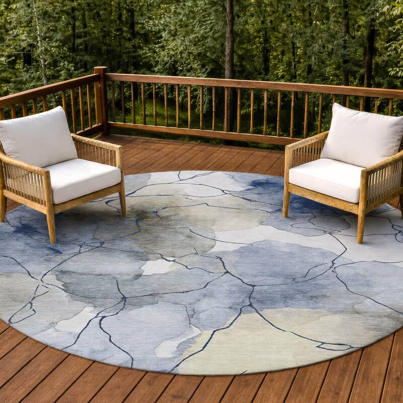 Machine Washable Indoor/ Outdoor Floral Mara Chantille Rug - Navy - 8' x 8'