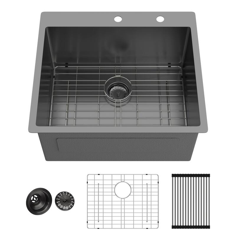 25" Drop-In 16 Gauge Single Bowl Stainless Steel Kitchen Sink in Gunmetal Black - 25'' x 22'' x 12''