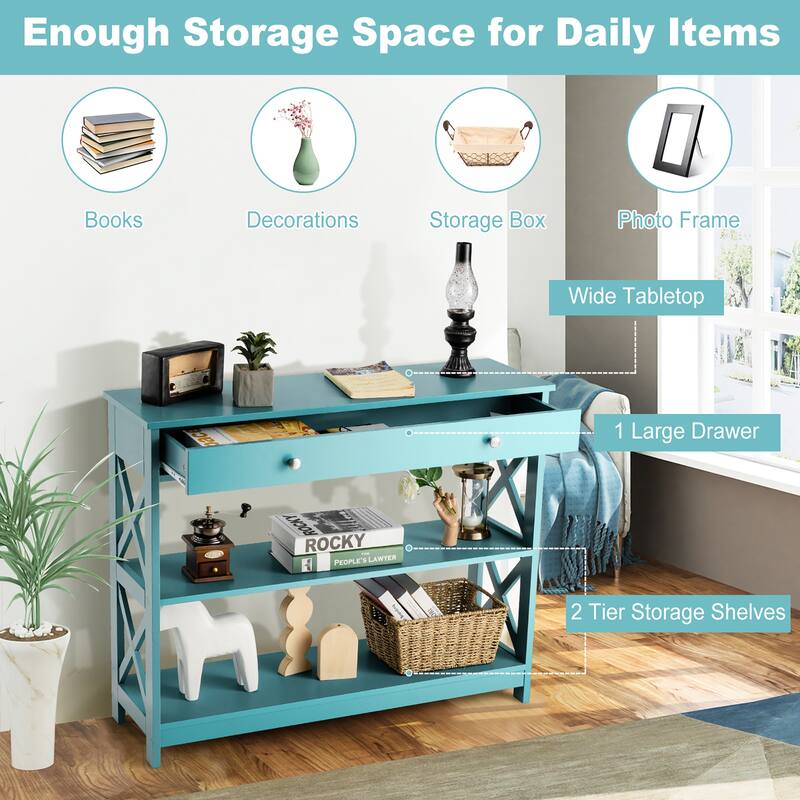 Costway 3-Tier Console Table X-Design Sofa Entryway Table with Drawer