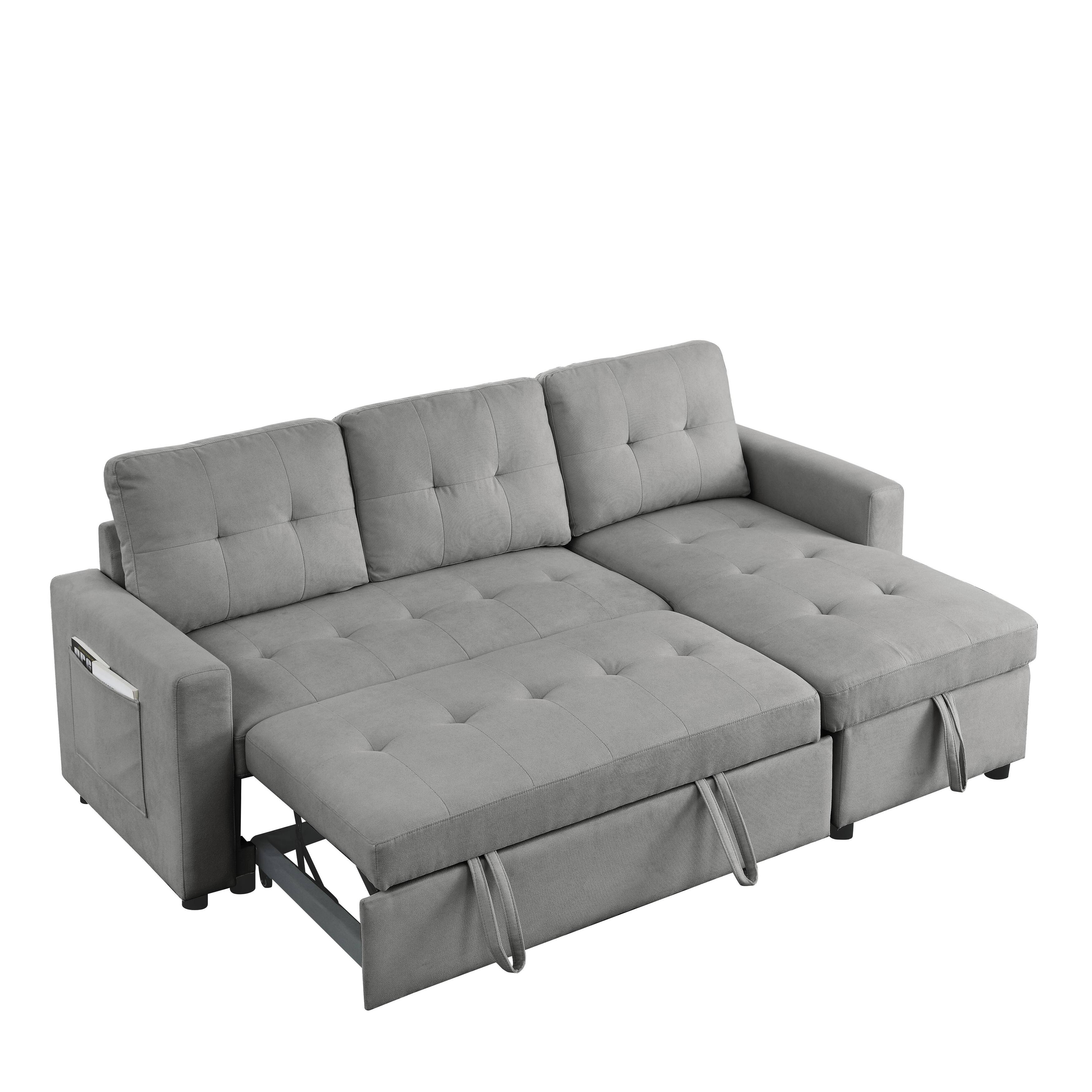 Grey Sectional with PullOut Bed and Pocket, Storage Recliner Couch