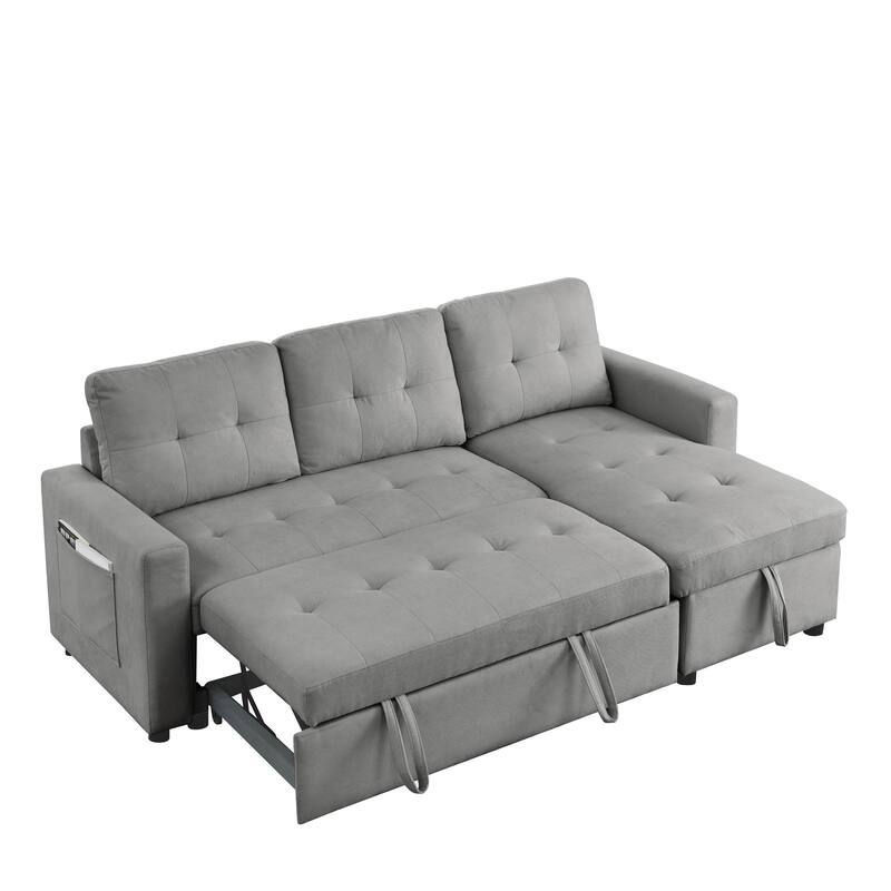 Grey Sectional with PullOut Bed and Pocket, Storage Recliner Couch