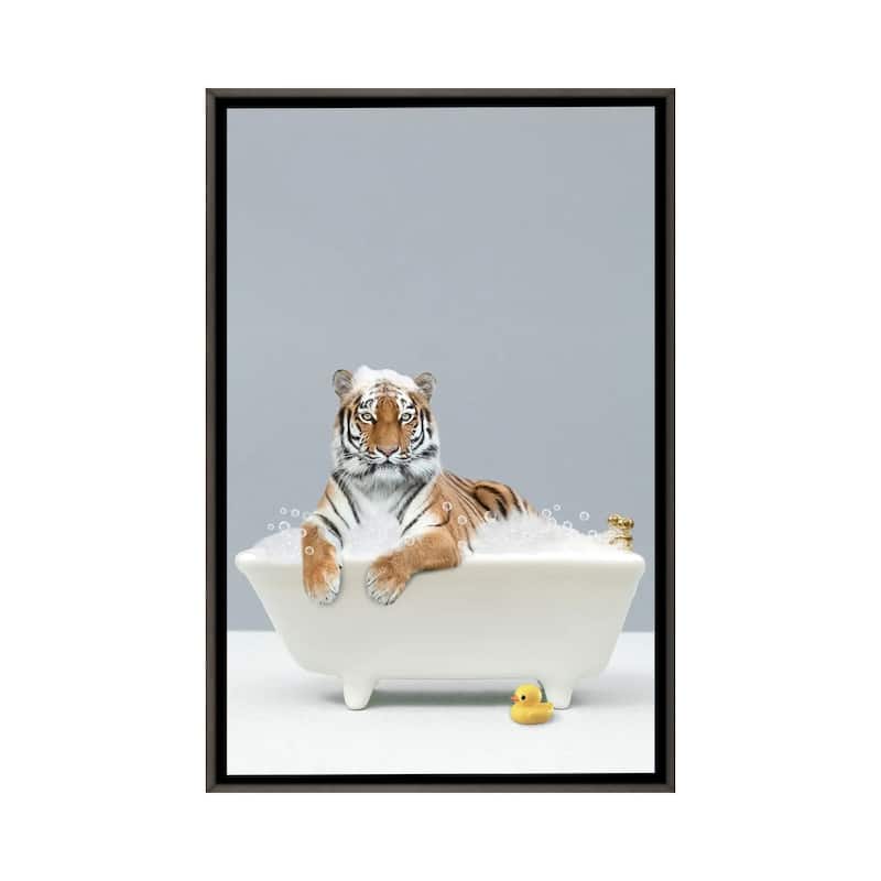 iCanvas "Tiger In A Bathtub" by Tiny Treasure Prints Framed - Charcoal - 48x32