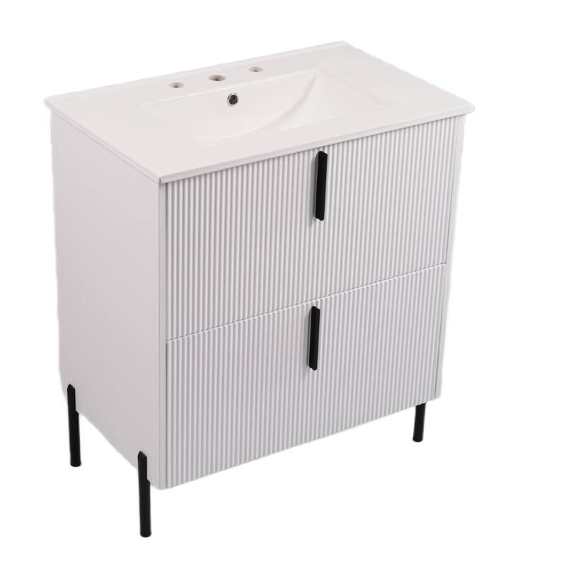 30" Bathroom Vanity with Ceramic Sink and Full-Extension Drawers, Soft Close Undermount Drawer Slides, Fluted Design