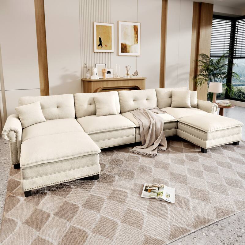 MAISON ARTS Mid-Century Modern Oversized L/U Shaped Cloud Couch with Ottoman, Deep Seat Sectional Sofa with Throw Pillows - U-Shaped White Chenille(6-Seater)