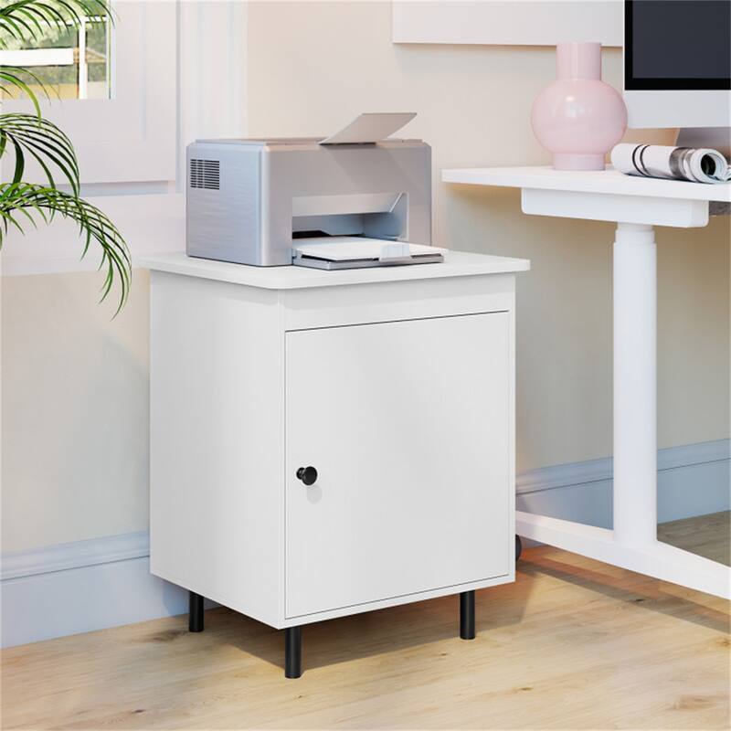 White Engineered Wood End Table with Cabinet Storage and Metal Legs Set of 2