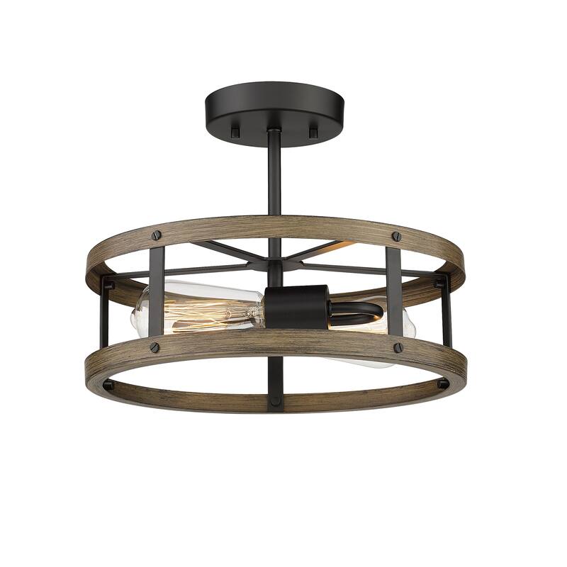 2-light Wood and Matte Black Finish Semi-flush Mount Light Metal Cage Ceiling Light - 12.9" (D) x 4.4" (H)