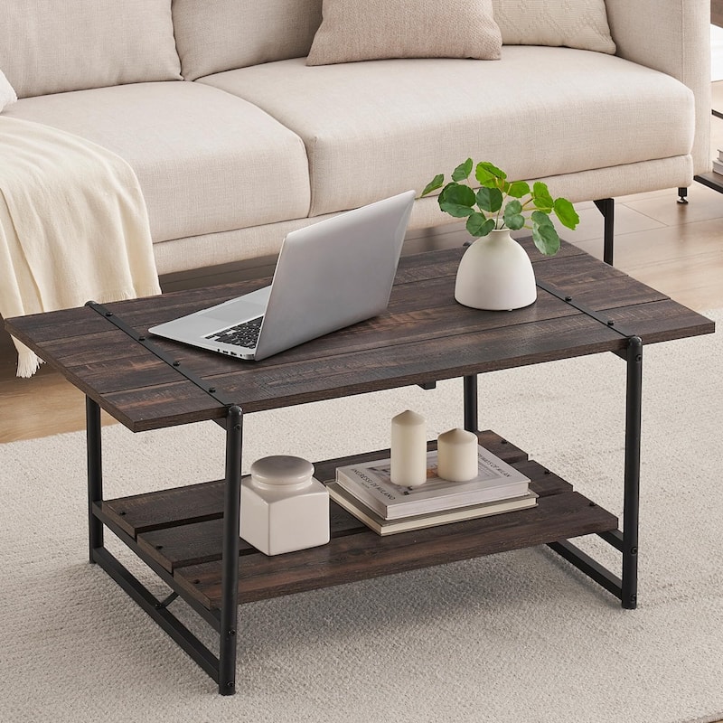 2-Tier Modern Industrial 41'' Large Wood Coffee Table with Storage Shelf