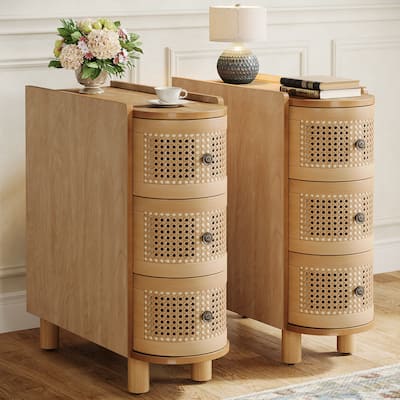 Solid Wood End Table, 3-Drawer Rattan Side Table, Night Stand with Exquisite Embossed Handles for Living Room